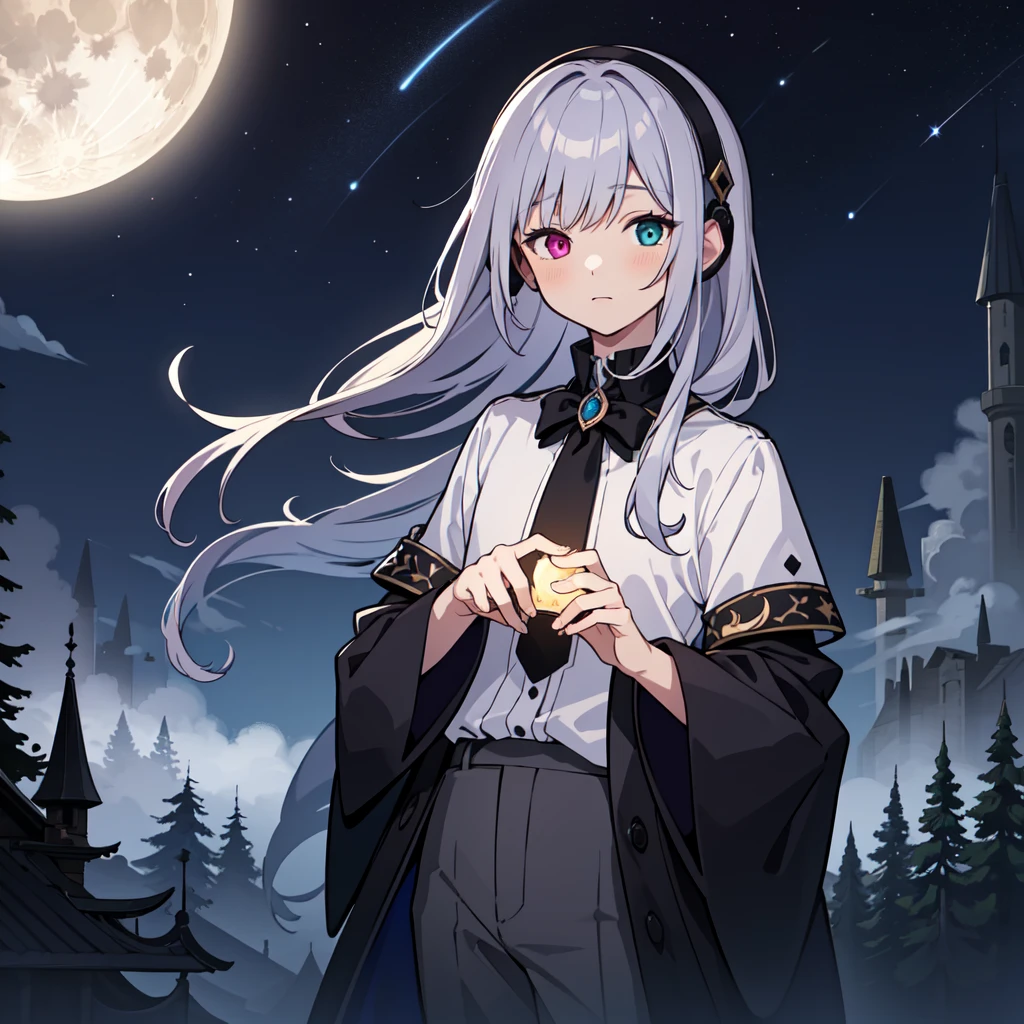 "(Highest quality, High resolution), One Boy, Dark blue and dark purple heterochromia, Light silver hair, slacks, White shirt, Wearing a black cloak, Appears on a moonlit night, Fantasy Landscape, Mysterious atmosphere, Mysterious Light, Dreamy landscape, some stars shining in the sky, The misty forest surrounds the boy, A crescent moon illuminating the landscape, silence and peace, Digital Art Style, Vibrant colors, Finer details, Mystical Creatures, Earmuffs, Elegant Features, A symbol of mystery and elegance, Capturing the essence of boyish elegance and charm."