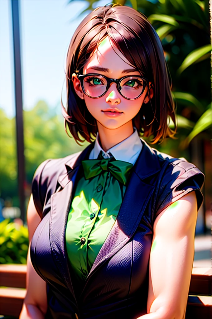 peace, sign, smile, Upper body portrait, anime, masterpiece, figure, Super detailed, girl, 24-year-old female, nun sit on the bench at public garden, bench, shy, Blushing, beautiful, beautiful face, beautiful eyes, Fine grain, beautiful lips, Green Eyes, Brown Hair, short hair, Volumetric Shadows, Volumetric lighting, Green ribbon in hair, Green bow tie, Green glasses, Black clothes, Tomboy, boyish, Face Focus, handcuffs, crowd, Long skirt