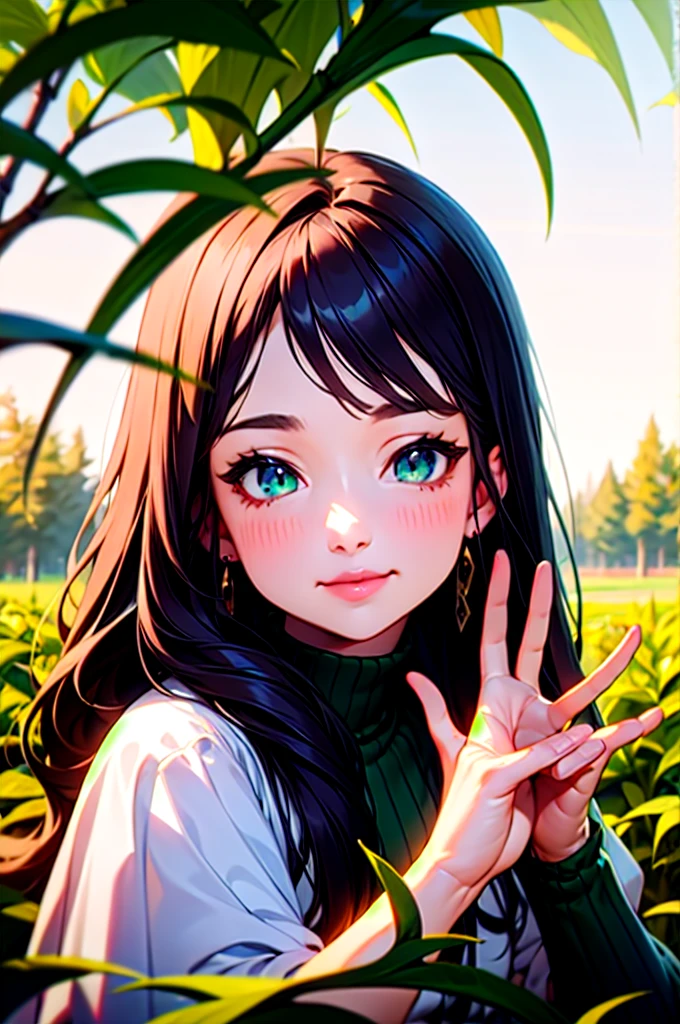 peacesign, sign, smile, Upper body portrait, (masterpiece, Highest quality), One girl with long white hair sitting in a field of green plants and flowers, She placed her hand under her chin, Warm lighting, White Dress, Blurred foreground