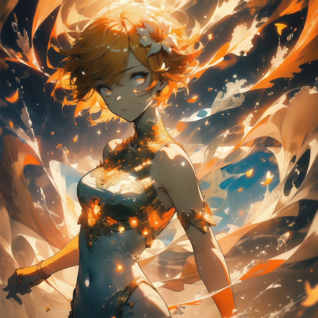 ((masterpiece, best quality)), Epic battlefield atmosphere，Delicate face，goddess，sunshine，orange color，whole body，Standing picture，glowing eyes，Handsome short hair，Perfect body proportions，Pure white background，Water Ripples，Lace，flower，Fallen Leaves