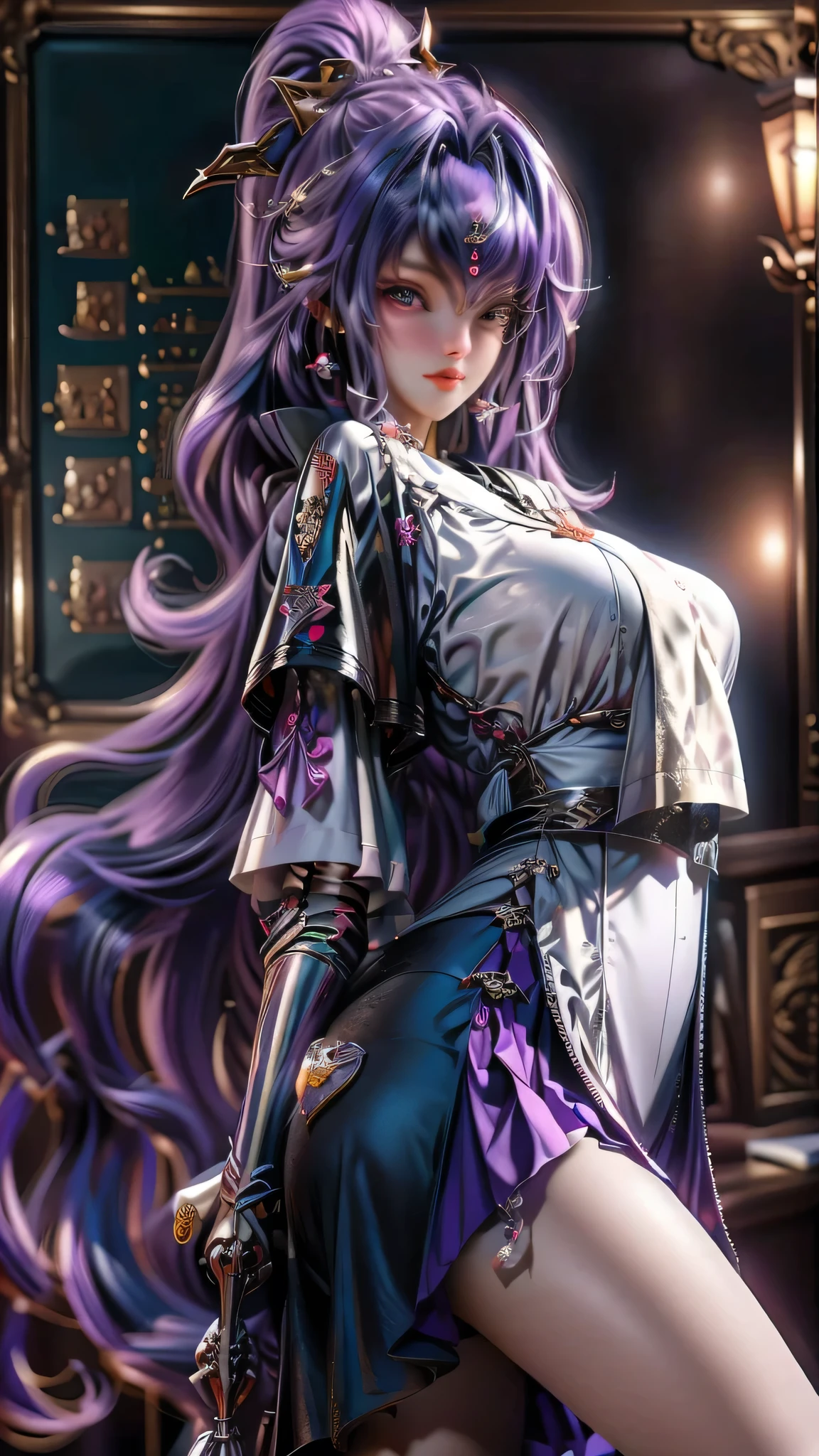 An eighteen-year-old young woman with long purple hair in a sailor suit sits in a classroom (school 1.5 in the background) (expression serious, cold 1.5) (best quality: 1.1) (masterpiece: 1.3) with an unparalleled masterpiece, surreal 8K, perfect artwork, super detail, best quality, masterpiece 4K wallpaper aesthetics, masterpiece, award-winning artwork, official art, cinematic lighting