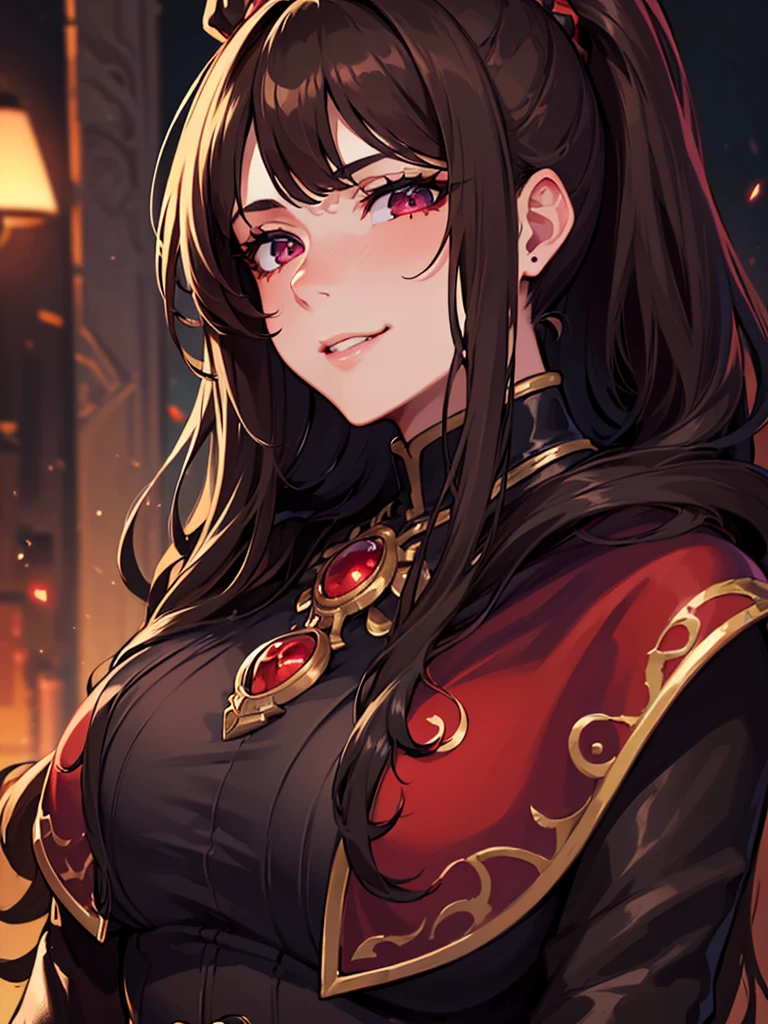 ((masterpiece)), ((best quality)), 1girl, adult, long hair, big bust, ((brown hair)), ((intimidant look)), ((close-up)), profile image, black and red clothes, sexy, dark colors, ((coat with fur)), ((wavy hair)), exposed skin, ((sexy pose)), good anatomy, ((dark sage clothes)), ((straight cut bangs)), emotionless, intimidant, ((beautiful eyes)), dark background, close up, ((detailed eyes)), ((detailed face)), hair bang, frontal look, relaxed, smile, queen, ponytail, violet eyes