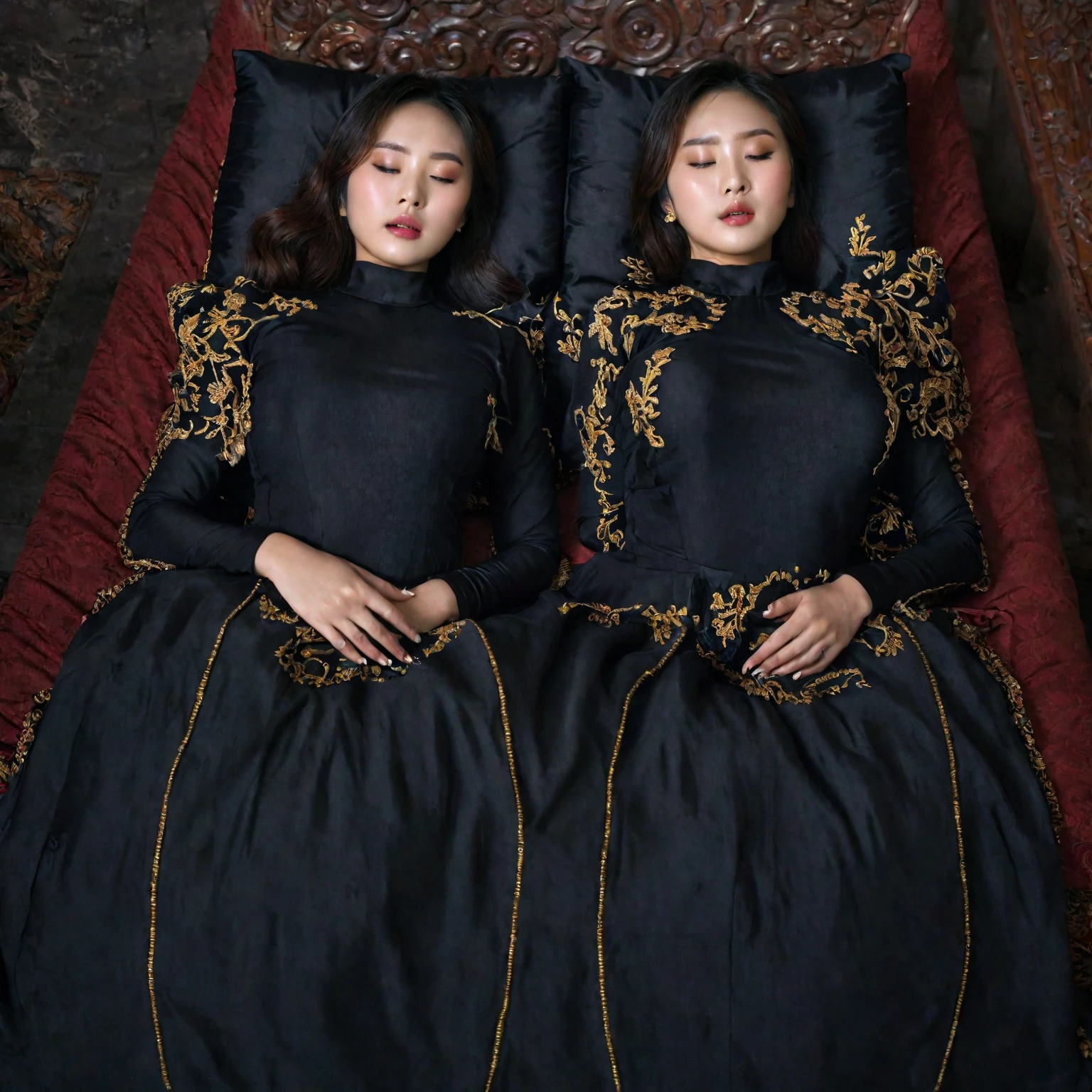 In a striking 8K HDR scene, a stunning Korean woman, 22 years old, lies peacefully in a black coffin surrounded by plush pillows. The deep box is set against a rich black background, accentuating the beauty of the subject. Her exquisite kebaya attire is embroidered with superb detail, showcasing her round and firm breasts, perfect cleavage, and beautiful eyebrows. Her closed eyes and mouth give an air of serenity, while her visible and absolute cleavage leave nothing to imagination. The scene is bathed in saturated colors, highlighting every intricate aspect from the ball skirt to her clean face, straight body, detailed hand perfect hands, straight body.