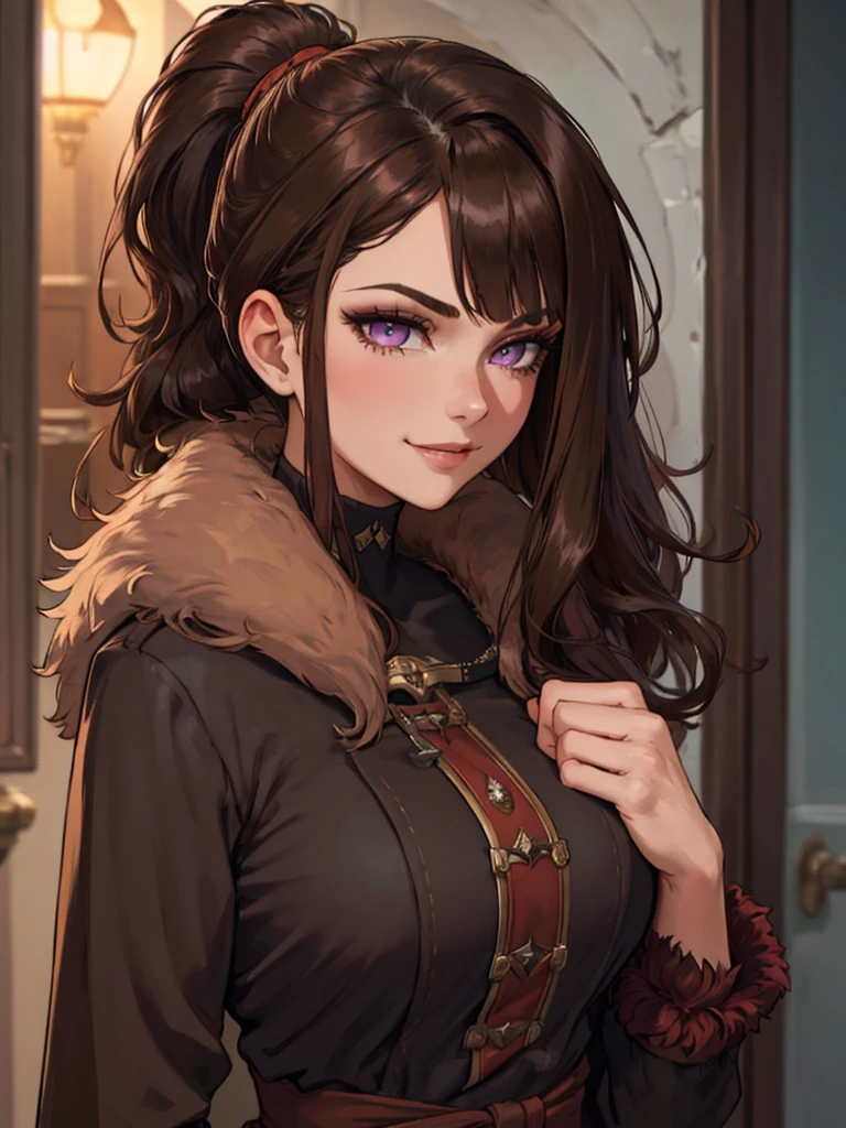 ((masterpiece)), ((best quality)), 1girl, adult, long hair, big bust, ((brown hair)), ((intimidant look)), ((close-up)), profile image, black and red clothes, sexy, dark colors, ((coat with fur)), ((wavy hair)), exposed skin, ((sexy pose)), good anatomy, ((dark sage clothes)), ((straight cut bangs)), emotionless, intimidant, ((beautiful eyes)), dark background, close up, ((detailed eyes)), ((detailed face)), hair bang, frontal look, relaxed, smile, queen, ponytail, violet eyes