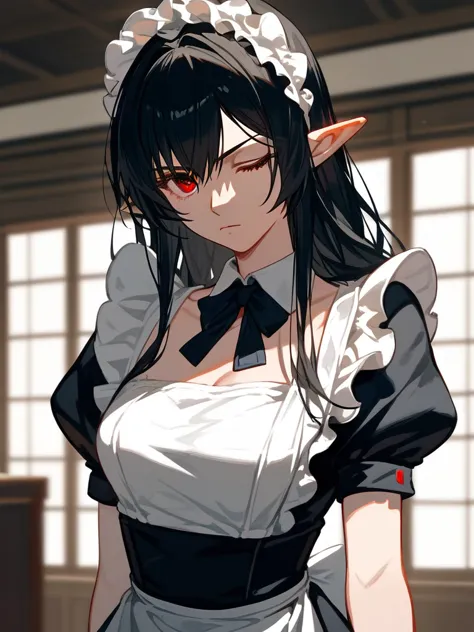(score_9,score_8_up,score_7_up,), 1girl,solo,maid,maid headdress,looking at viewer,apron,indoors, black hair, red eyes, pointy e...