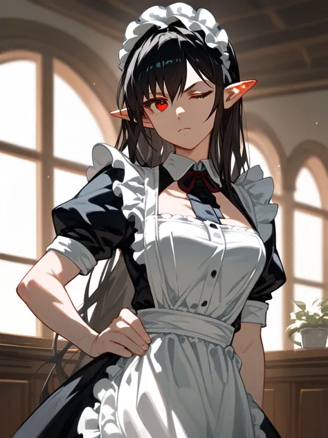 (score_9,score_8_up,score_7_up,), 1girl,solo,maid,maid headdress,looking at viewer,apron,indoors, black hair, red eyes, pointy e...