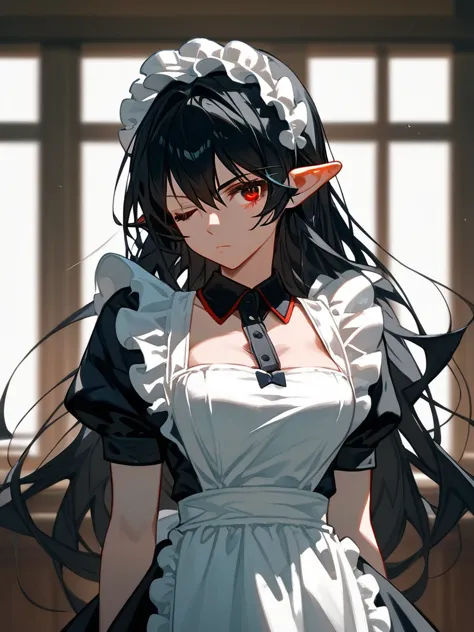 (score_9,score_8_up,score_7_up,), 1girl,solo,maid,maid headdress,looking at viewer,apron,indoors, black hair, red eyes, pointy e...
