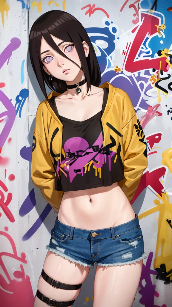 masterpiece, best quality, 1girl, solo, crop top, denim shorts, choker, (graffiti:1.5),  arms behind back, against wall, looking at viewer, armband, thigh strap, head tilt, bored, Brown hair, purple eyes, headset, Hanabi Hyuga.