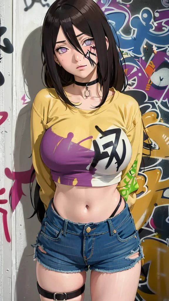 masterpiece, best quality, 1girl, solo, crop top, denim shorts, choker, (graffiti:1.5),  arms behind back, against wall, looking at viewer, armband, thigh strap, head tilt, bored, Brown hair, purple eyes, headset, Hanabi Hyuga.