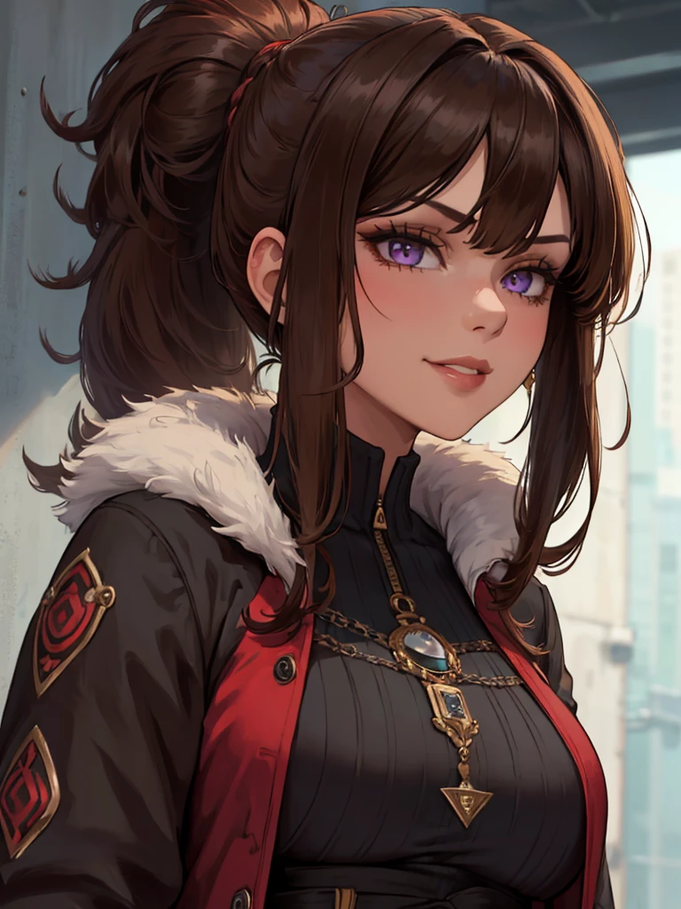 ((masterpiece)), ((best quality)), 1girl, adult, long hair, big bust, ((brown hair)), ((intimidant look)), ((close-up)), profile image, black and red clothes, sexy, dark colors, ((coat with fur)), ((wavy hair)), exposed skin, ((sexy pose)), good anatomy, ((dark sage clothes)), ((straight cut bangs)), emotionless, intimidant, ((beautiful eyes)), dark background, close up, ((detailed eyes)), ((detailed face)), hair bang, frontal look, relaxed, smile, queen, ponytail, violet eyes