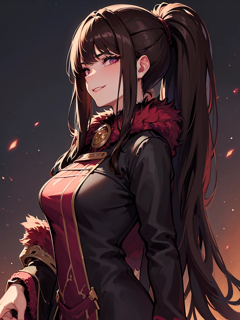 ((masterpiece)), ((best quality)), 1girl, adult, long hair, big bust, ((brown hair)), ((intimidant look)), ((close-up)), profile image, black and red clothes, sexy, dark colors, ((coat with fur)), ((wavy hair)), exposed skin, ((sexy pose)), good anatomy, ((dark sage clothes)), ((straight cut bangs)), emotionless, intimidant, ((beautiful eyes)), dark background, close up, ((detailed eyes)), ((detailed face)), hair bang, frontal look, relaxed, smile, queen, ponytail, violet eyes