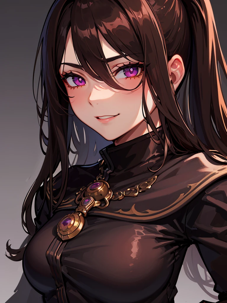 ((masterpiece)), ((best quality)), 1girl, adult, long hair, big bust, ((brown hair)), ((intimidant look)), ((close-up)), profile image, black and red clothes, sexy, dark colors, ((coat with fur)), ((wavy hair)), exposed skin, ((sexy pose)), good anatomy, ((dark sage clothes)), ((straight cut bangs)), emotionless, intimidant, ((beautiful eyes)), dark background, close up, ((detailed eyes)), ((detailed face)), hair bang, frontal look, relaxed, smile, queen, ponytail, violet eyes