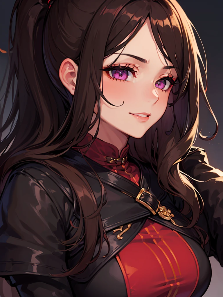 ((masterpiece)), ((best quality)), 1girl, adult, long hair, big bust, ((brown hair)), ((intimidant look)), ((close-up)), profile image, black and red clothes, sexy, dark colors, ((coat with fur)), ((wavy hair)), exposed skin, ((sexy pose)), good anatomy, ((dark sage clothes)), ((straight cut bangs)), emotionless, intimidant, ((beautiful eyes)), dark background, close up, ((detailed eyes)), ((detailed face)), hair bang, frontal look, relaxed, smile, queen, ponytail, violet eyes