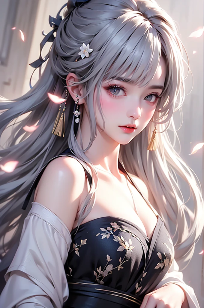 super high quality, masterpiece, Perfect illustration, Very detailed (Exquisite light and shadow, Very dramatic photo,Backlight) , ((Gray Hair:1.5))1 Girl,(( alone:1.6)), (Wearing Han clothes, Black and white Hanfu,Monotony,Long sleeve) Flower Field, Flowers, (White smoke:1.3) (Realistic:1.4), Zen Intertwining, Tangled, Official Art, unity 8k wallpaper, Very detailed, Beautiful and beautiful, masterpiece, Highest quality, (Dynamic Angle: 1.4), Glowing Skin, (Floating colorful flashes: 1) The most beautiful chaotic shapes, elegant, Brutalist Design, Bright colors, Romantic Depth of Field Exotic_dance, half_naked、（Expose your shoulders、Ample breasts、Beautiful cleavage）（side view）
