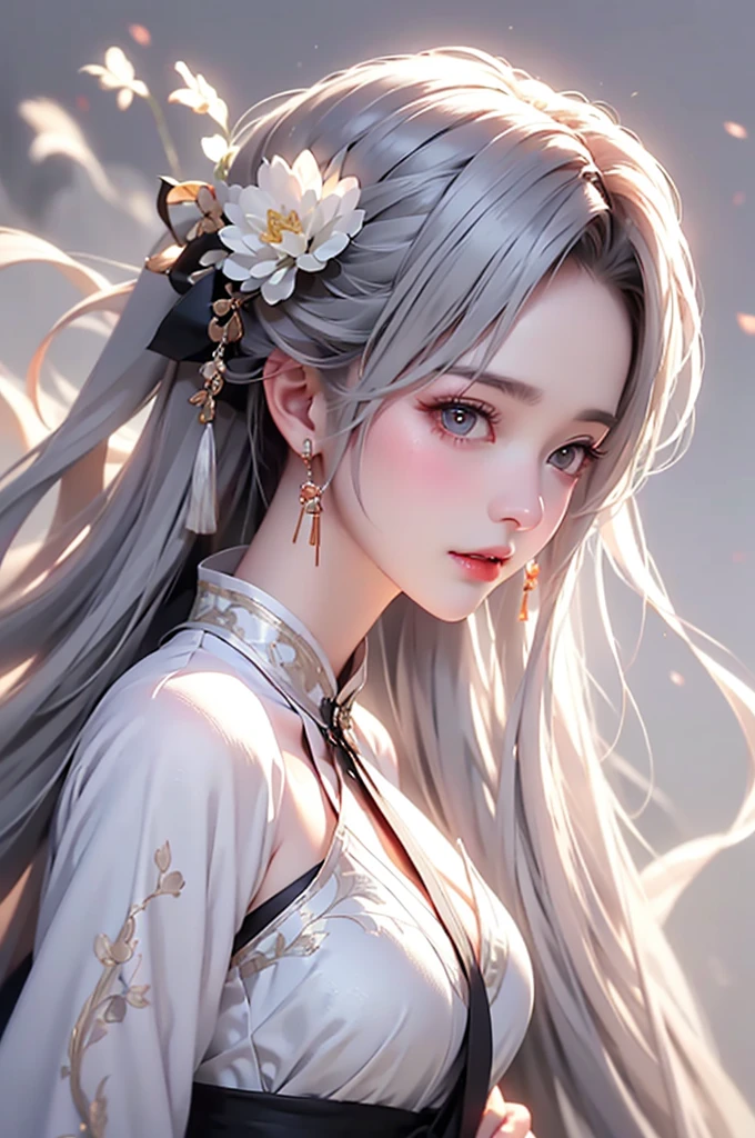 super high quality, masterpiece, Perfect illustration, Very detailed (Exquisite light and shadow, Very dramatic photo,Backlight) , ((Gray Hair:1.5))1 Girl,(( alone:1.6)), (Wearing Han clothes, Black and white Hanfu,Monotony,Long sleeve) Flower Field, Flowers, (White smoke:1.3) (Realistic:1.4), Zen Intertwining, Tangled, Official Art, unity 8k wallpaper, Very detailed, Beautiful and beautiful, masterpiece, Highest quality, (Dynamic Angle: 1.4), Glowing Skin, (Floating colorful flashes: 1) The most beautiful chaotic shapes, elegant, Brutalist Design, Bright colors, Romantic Depth of Field Exotic_dance, half_naked、（Expose your shoulders、Ample breasts、Beautiful cleavage）（side view）
