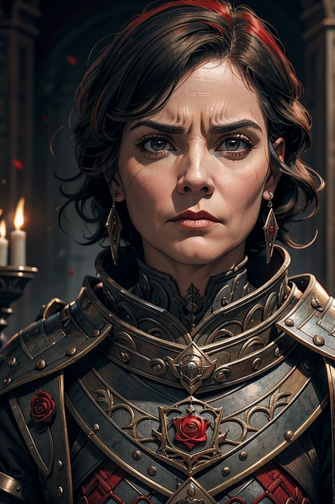 Short cropped hair, a 50-year-old woman in the 17-century Female battle scared warrior leader of the order of the scarlet rose, guilty conscious expression, determined facial expression. Black hair. Female.
