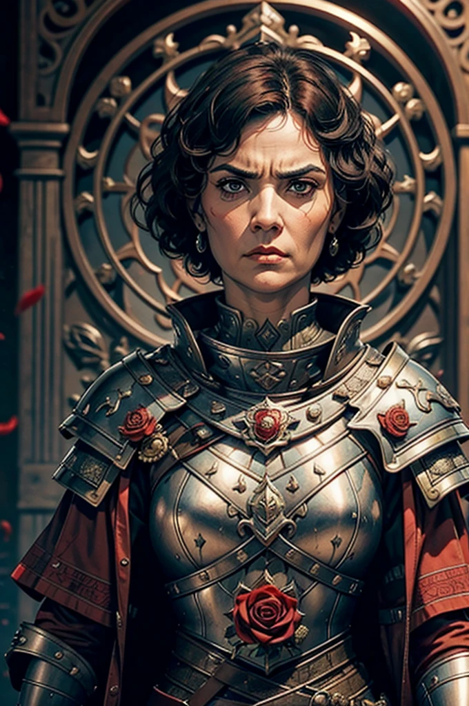 Short cropped hair, a 50-year-old woman in the 17-century Female battle scared warrior leader of the order of the scarlet rose, guilty conscious expression, determined facial expression. Black hair. Female.
