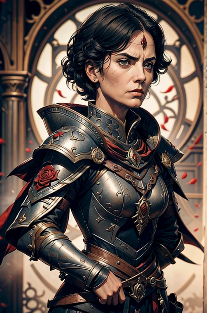 Short cropped hair, a 50-year-old woman in the 17-century Female battle scared warrior leader of the order of the scarlet rose, guilty conscious expression, determined facial expression. Black hair. Female.
