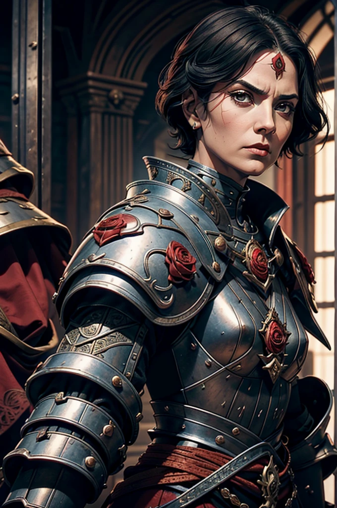 Short cropped hair, a 50-year-old woman in the 17-century Female battle scared warrior leader of the order of the scarlet rose, guilty conscious expression, determined facial expression. Black hair. Female.
