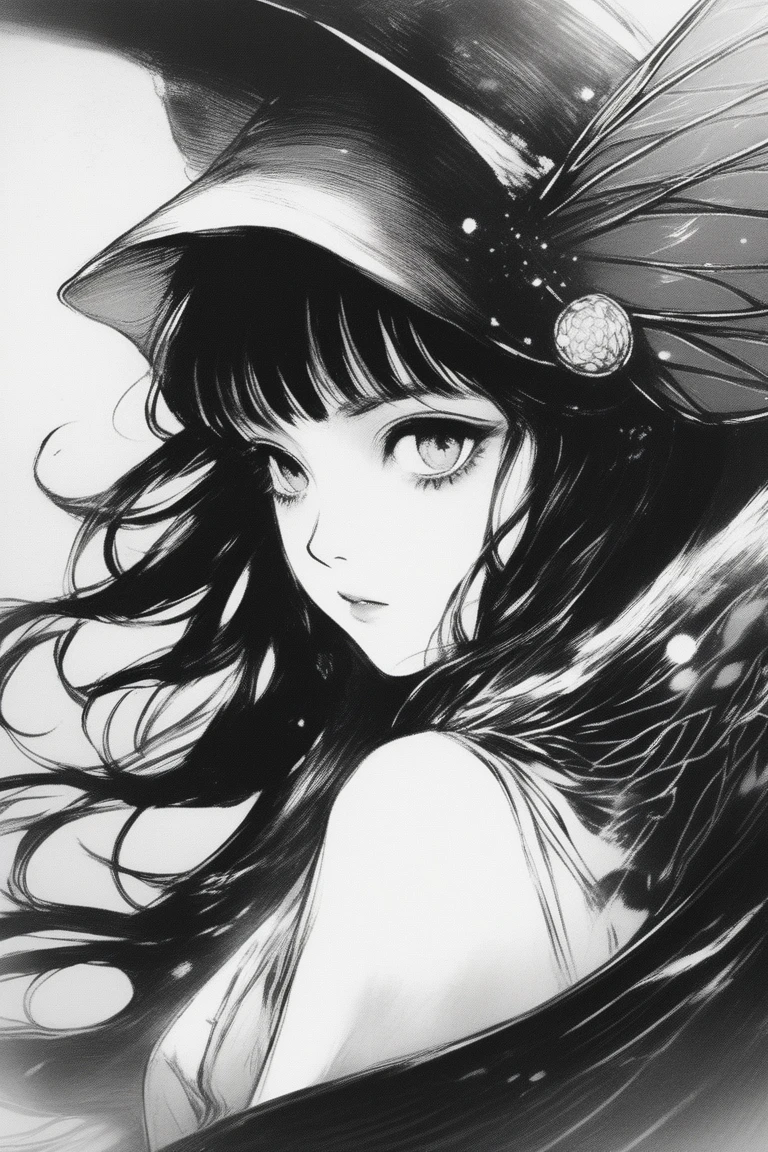 (best quality, sketch:1.2),realistic,illustrator, anime, fairy, magical, textured cropping, masterpiece, style retro classic, noir style , Japanese style,  ((monochrome))