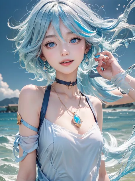1girl、独奏、looking at the audience、Smile、medium long hair、open mouth、bangs、blue eyes、bare shoulders、jewelry、Upper body、blue hair、e...