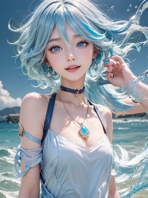 1girl、独奏、looking at the audience、smile、medium long hair、open mouth、bangs、blue eyes、bare shoulders、jewelry、upper body、blue hair、e...