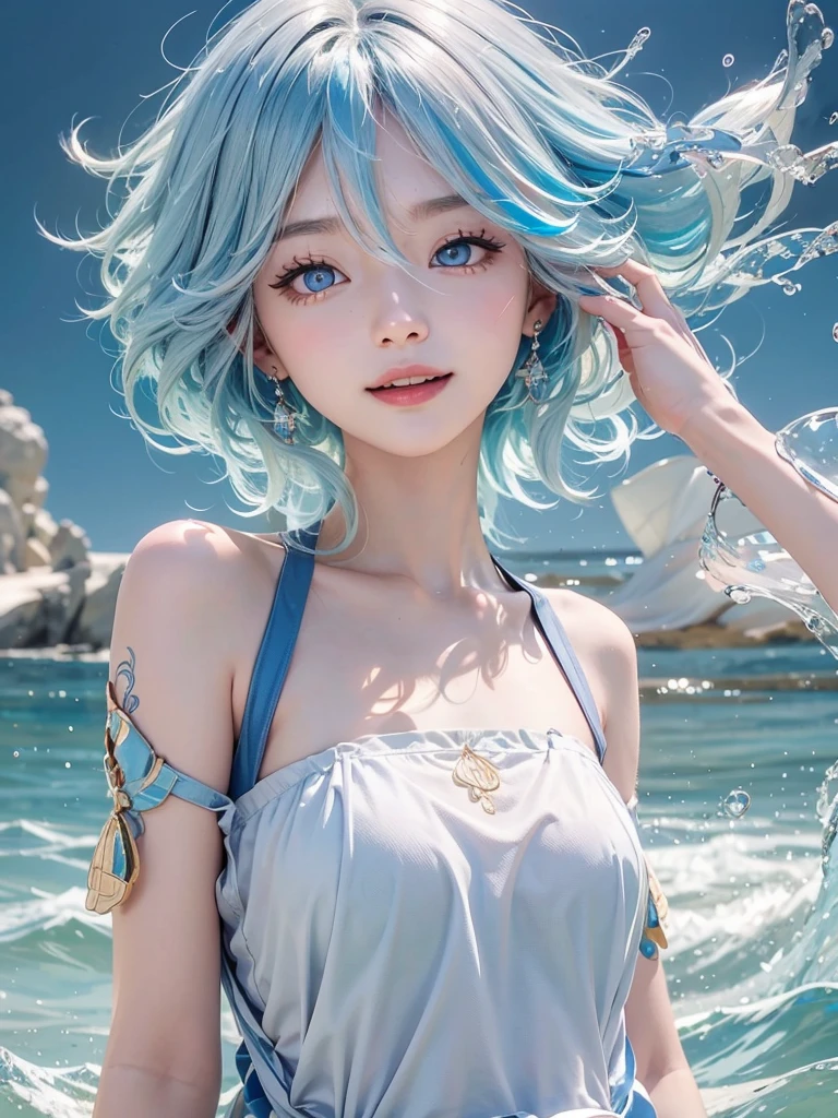 1girl、独奏、looking at the audience、Smile、medium long hair、open mouth、bangs、blue eyes、bare shoulders、jewelry、Upper body、blue hair、earrings、O cabelo multicolorido、collar、virtual_youtuber、vest、water、Off the shoulders、striped hair、tattoo、Floating hair、Headband、Beautiful detailed sky,Beautiful and delicate water,泼water,Sunlight,Ray tracing,masterpiece,facing the camera