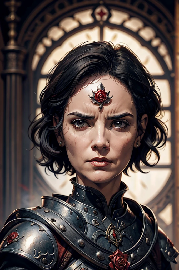 Short cropped hair, a 50-year-old woman in the 17-century Female battle scared warrior leader of the order of the scarlet rose, guilty conscious expression facial expression. Black hair. Female.
