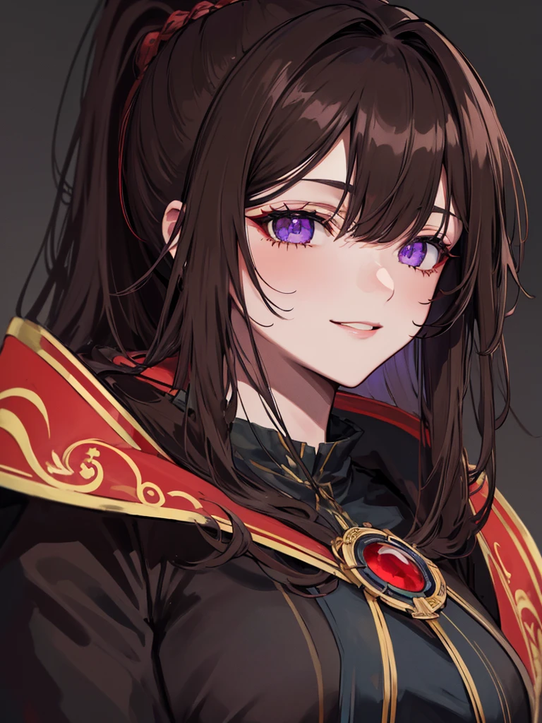 ((masterpiece)), ((best quality)), 1girl, adult, long hair, big bust, ((brown hair)), ((intimidant look)), ((close-up)), profile image, black and red clothes, sexy, dark colors, ((coat with fur)), ((wavy hair)), exposed skin, ((sexy pose)), good anatomy, ((dark sage clothes)), ((straight cut bangs)), emotionless, intimidant, ((beautiful eyes)), dark background, close up, ((detailed eyes)), ((detailed face)), hair bang, frontal look, relaxed, smile, queen, ponytail, violet eyes