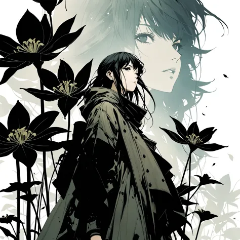 in style of Ashley Wood, Giant black lily，Central Composition，Close-up，graphic novels illustration