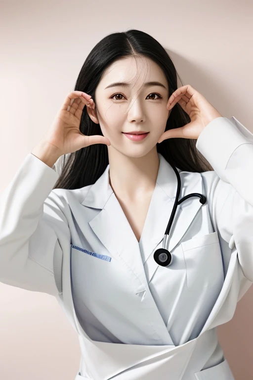 (medium shot), 1girl, (raised arms, fingers at cheeks), smiling, beautiful Japanese female doctor wearing white labcoat over scrubs, beautiful detailed face, Japanese woman, black hair, pale skin, realistic skin, detailed cloth texture, detailed hair texture, Perfect proportion, Beautiful Face, accurate, Anatomically correct, Highly detailed face and skin texture , looking at viewer , modern hospital building, photorealistic