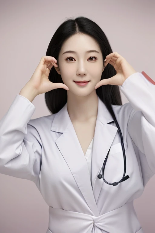 (medium shot), 1girl, (raised arms, fingers at cheeks), smiling, beautiful Japanese female doctor wearing white labcoat over scrubs, beautiful detailed face, Japanese woman, black hair, pale skin, realistic skin, detailed cloth texture, detailed hair texture, Perfect proportion, Beautiful Face, accurate, Anatomically correct, Highly detailed face and skin texture , looking at viewer , modern hospital building, photorealistic