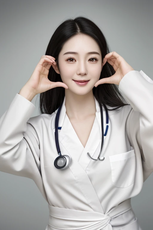 (medium shot), 1girl, (raised arms, fingers at cheeks), smiling, beautiful Japanese female doctor wearing white labcoat over scrubs, beautiful detailed face, Japanese woman, black hair, pale skin, realistic skin, detailed cloth texture, detailed hair texture, Perfect proportion, Beautiful Face, accurate, Anatomically correct, Highly detailed face and skin texture , looking at viewer , modern hospital building, photorealistic