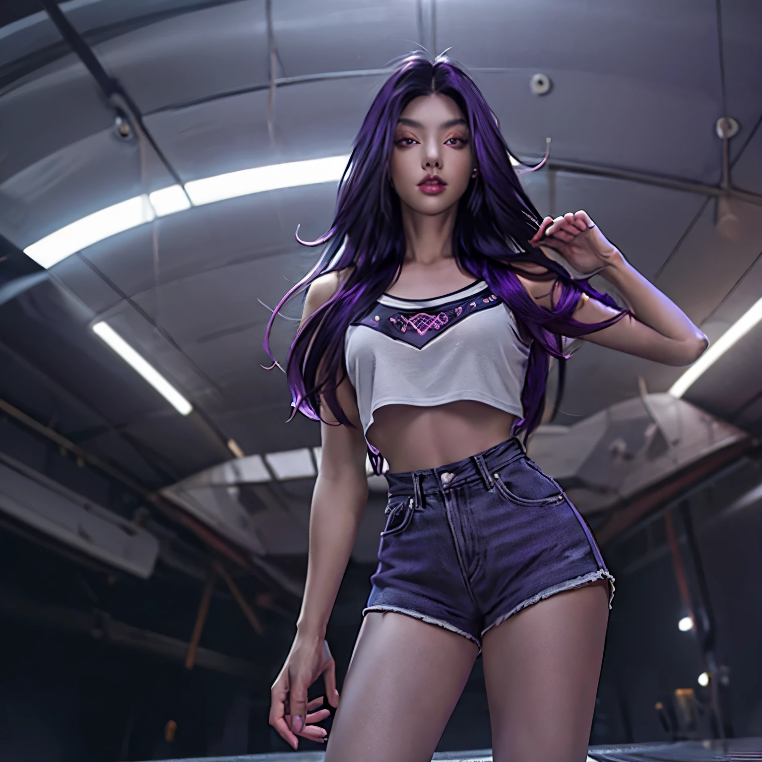 1womanl, long hair. dark purple hair, dark purple short shorts, blusa cropped