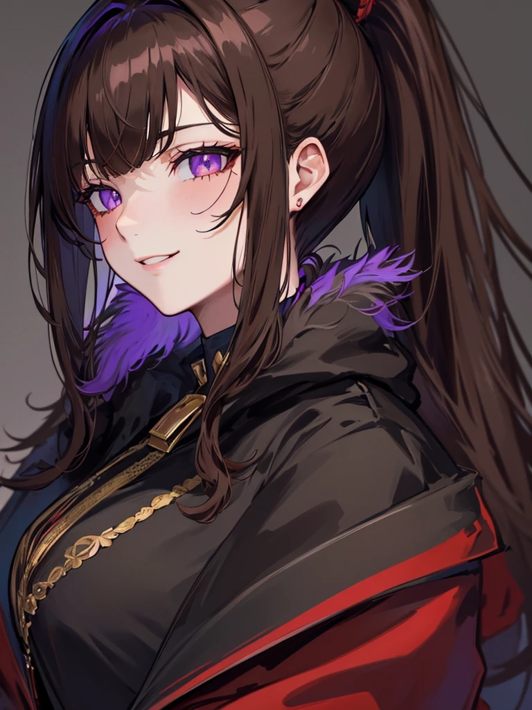 ((masterpiece)), ((best quality)), 1girl, adult, long hair, big bust, ((brown hair)), ((intimidant look)), ((close-up)), profile image, black and red clothes, sexy, dark colors, ((coat with fur)), ((wavy hair)), exposed skin, ((sexy pose)), good anatomy, ((dark sage clothes)), ((straight cut bangs)), emotionless, intimidant, ((beautiful eyes)), dark background, close up, ((detailed eyes)), ((detailed face)), hair bang, frontal look, relaxed, smile, queen, ponytail, violet eyes