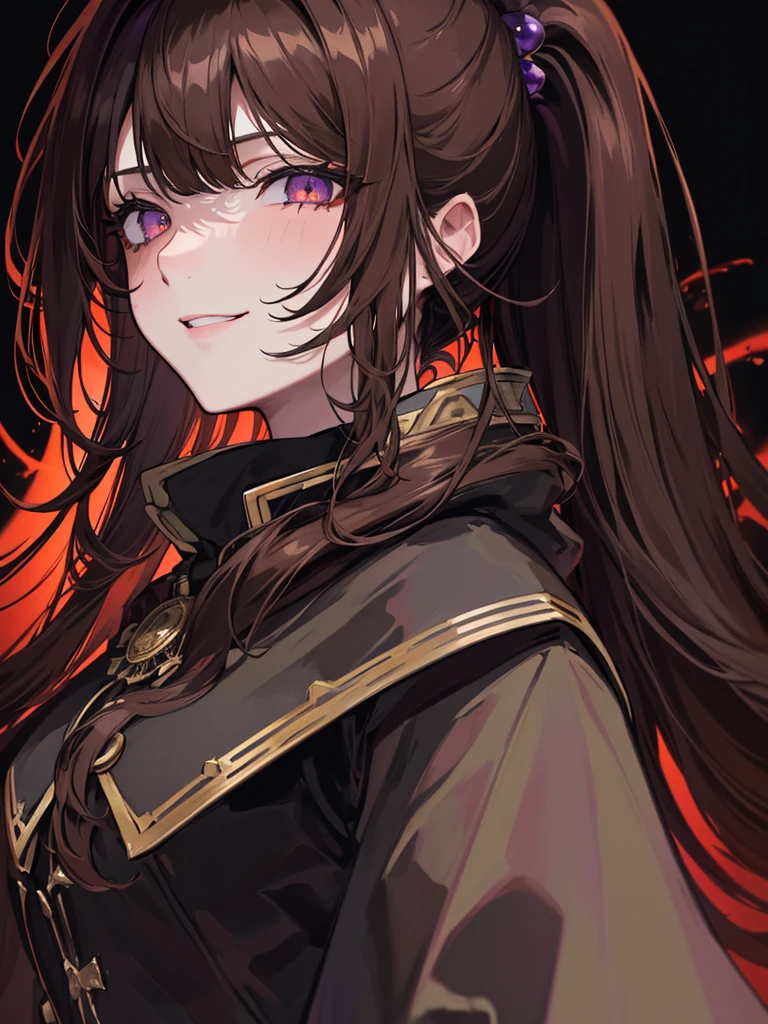 ((masterpiece)), ((best quality)), 1girl, adult, long hair, big bust, ((brown hair)), ((intimidant look)), ((close-up)), profile image, black and red clothes, sexy, dark colors, ((coat with fur)), ((wavy hair)), exposed skin, ((sexy pose)), good anatomy, ((dark sage clothes)), ((straight cut bangs)), emotionless, intimidant, ((beautiful eyes)), dark background, close up, ((detailed eyes)), ((detailed face)), hair bang, frontal look, relaxed, smile, queen, ponytail, violet eyes