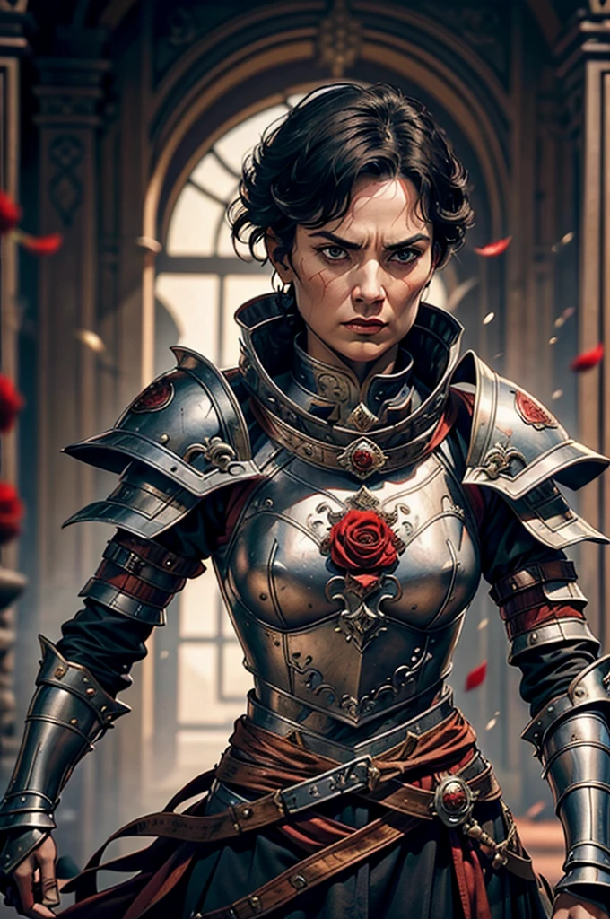 Short cropped hair, a 50-year-old woman in the 17-century Female battle scared warrior leader of the order of the scarlet rose, with a stern battle-hardened facial expression. Black hair. Female.
