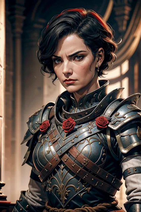 Short cropped hair, a 50-year-old woman in the 17-century Female battle scared warrior leader of the order of the scarlet rose, ...
