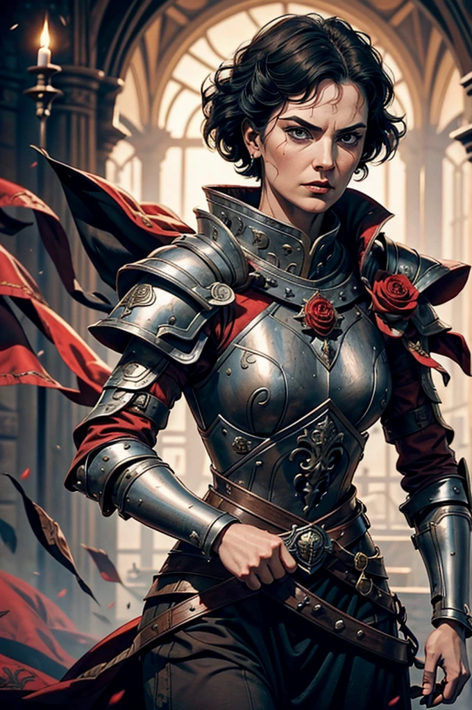 Short cropped hair, a 50-year-old woman in the 17-century Female battle scared warrior leader of the order of the scarlet rose, with a stern battle-hardened facial expression. Black hair. Female.
