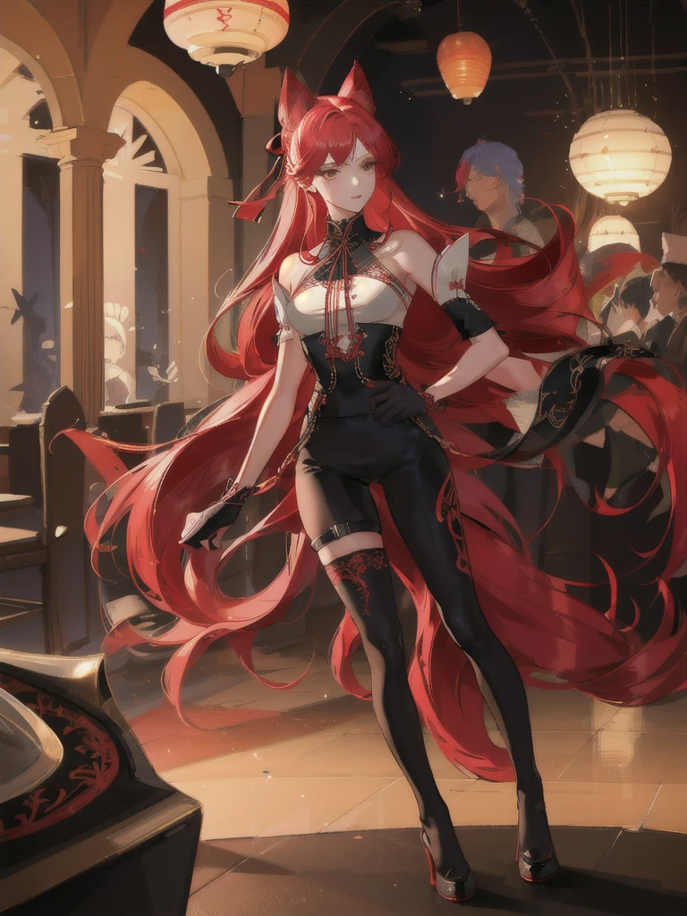 (((1 girl)),Ray Tracing,(Dim Lights),[Detailed background (Nightclub)),((Red hair)),((Red hair)),(Red hair, Busty and slim girl)) High Ponytail)))) Avoid blonde eyes in the ominous Nightclub卡座((((Girl wearing black high-waisted pants and tights with delicate embroidery) and white ruffled bow gloves), Show off your slender figure and beautiful curves, Correct limbs, 