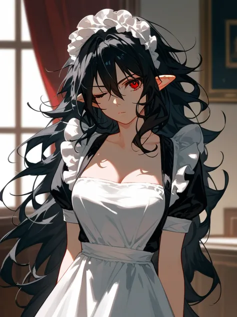 (score_9,score_8_up,score_7_up,), 1girl,solo,maid,maid headdress,looking at viewer,apron,indoors, black hair, messy hair, mane h...