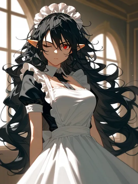 (score_9,score_8_up,score_7_up,), 1girl,solo,maid,maid headdress,looking at viewer,apron,indoors, black hair, messy hair, mane h...