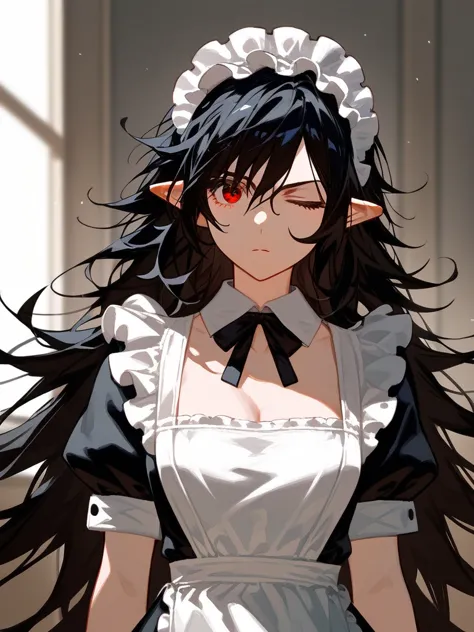 (score_9,score_8_up,score_7_up,), 1girl,solo,maid,maid headdress,looking at viewer,apron,indoors, black hair, messy hair, mane h...