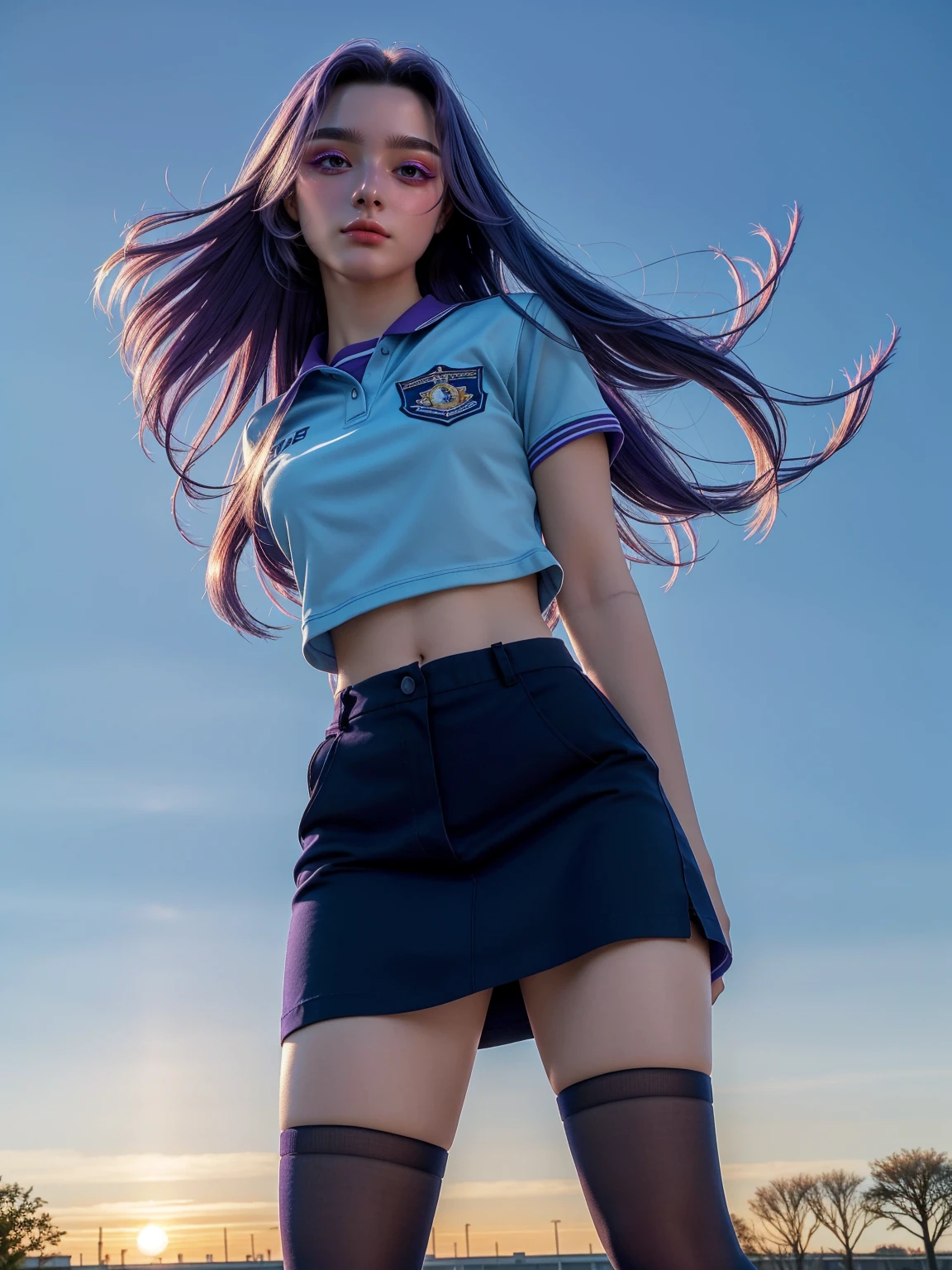 (1 lady), The beautiful, (Best quality at best:1.4), (ultra - detailed), (extremely detailed CG unified 16k), ((masterpiece)), ((best quality)), ((highres)), ((detailed background)), solo, gym woman body, natural lighting, sunset, (ichinose kotomi, amazingly attractive, perfect body), clannad uniform, blue skirt, black socks, hair ornaments, RAW UHD 8k photography, tarankaaa, 1girl blueish purple hair, library background, hyper realistic, realistic cinematic face, head to feet long wide zoomed out view, full body long view, photorealistic, gorgeous, extremely beautiful face, perfect model beauty, (amazing legs, strong legs, athletic legs), combat boots, clear and well-cared skin