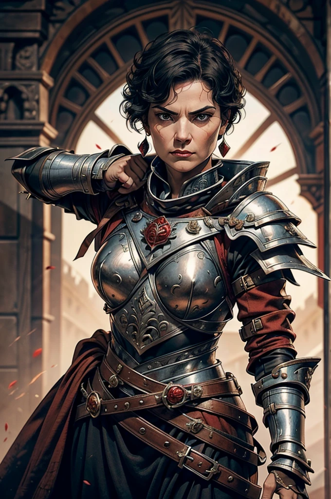 Short cropped hair, a 50-year-old woman in the 17-century Female battle scared warrior leader of the order of the scarlet rose, with a stern battle-hardened facial expression. Black hair. Female.
