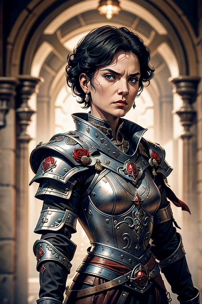 Short cropped hair, a 50-year-old woman in the 17-century Female battle scared warrior leader of the order of the scarlet rose, with a stern battle-hardened facial expression. Black hair. Female.
