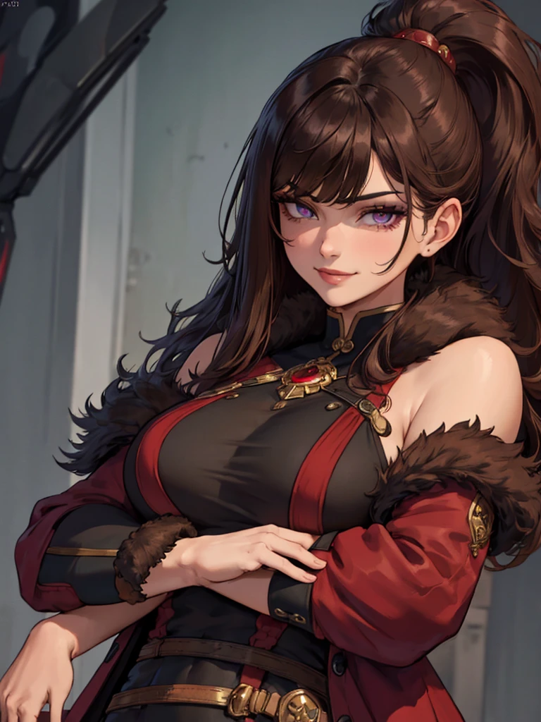 ((masterpiece)), ((best quality)), 1girl, adult, long hair, big bust, ((brown hair)), ((intimidant look)), ((close-up)), profile image, black and red clothes, sexy, dark colors, ((coat with fur)), ((wavy hair)), exposed skin, ((sexy pose)), good anatomy, ((dark sage clothes)), ((straight cut bangs)), emotionless, intimidant, ((beautiful eyes)), dark background, close up, ((detailed eyes)), ((detailed face)), hair bang, frontal look, relaxed, smile, queen, ponytail, violet eyes