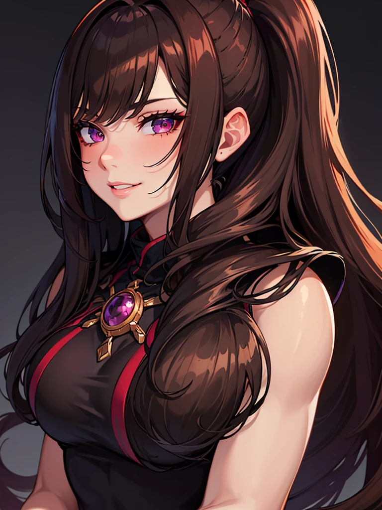 ((masterpiece)), ((best quality)), 1girl, adult, long hair, big bust, ((brown hair)), ((intimidant look)), ((close-up)), profile image, black and red clothes, sexy, dark colors, ((coat with fur)), ((wavy hair)), exposed skin, ((sexy pose)), good anatomy, ((dark sage clothes)), ((straight cut bangs)), emotionless, intimidant, ((beautiful eyes)), dark background, close up, ((detailed eyes)), ((detailed face)), hair bang, frontal look, relaxed, smile, queen, ponytail, violet eyes