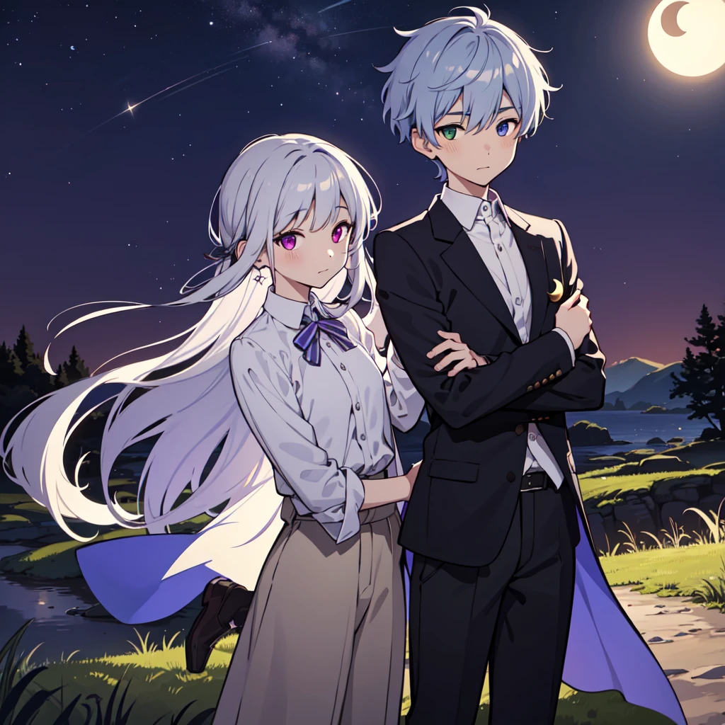 "(Highest quality, High resolution), One Boy, Dark blue and dark purple heterochromia, Light silver hair, slacks, White shirt, Appears on a moonlit night, some stars shining in the sky, A crescent moon illuminating the landscape, silence and peace, Digital Art Style, Vibrant colors, Finer details, Mystical Creatures, Earmuffs, Elegant Features, A symbol of mystery and elegance, Capturing the essence of boyish elegance and charm."