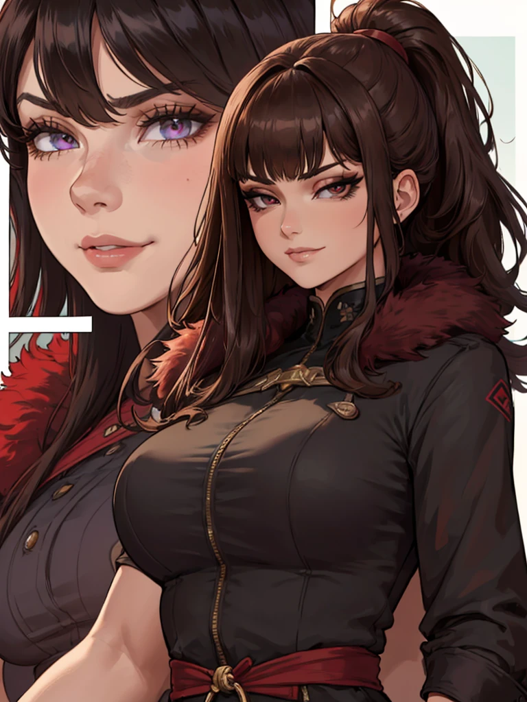 ((masterpiece)), ((best quality)), 1girl, adult, long hair, big bust, ((brown hair)), ((intimidant look)), ((close-up)), profile image, black and red clothes, sexy, dark colors, ((coat with fur)), ((wavy hair)), exposed skin, ((sexy pose)), good anatomy, ((dark sage clothes)), ((straight cut bangs)), emotionless, intimidant, ((beautiful eyes)), dark background, close up, ((detailed eyes)), ((detailed face)), hair bang, frontal look, relaxed, smile, queen, ponytail, violet eyes